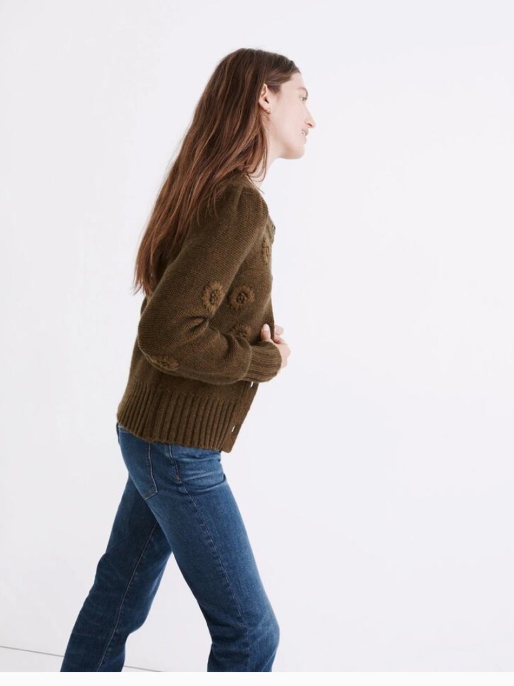 Madewell | Embroidered Edencroft Pleat-Sleeve Cardigan Sweater in Green - Picture 8 of 9
